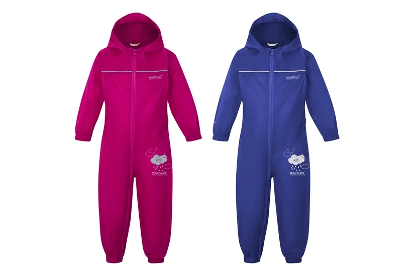 Child wearing a waterproof puddle suit, covered in paint